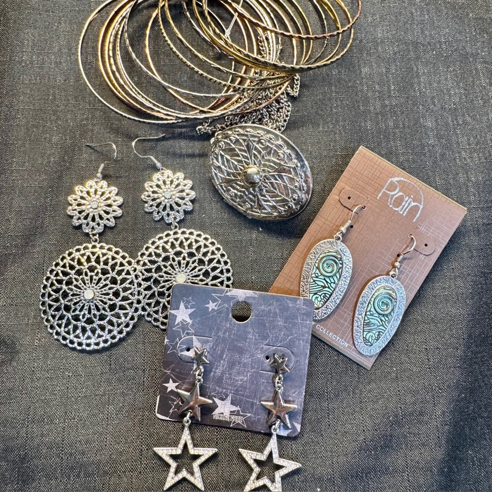 Silver-tone Jewelry Locket; NWT Earrings x2; Bangle Bracelets